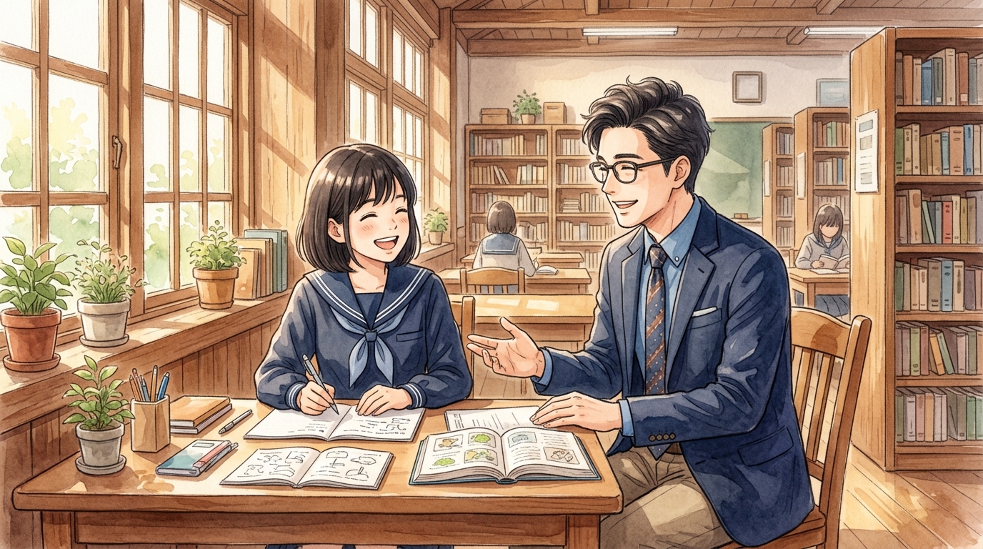 自習室で机に向かいながら効率的な勉強法を見出す高校生とたく先生の温かい情景水彩画
