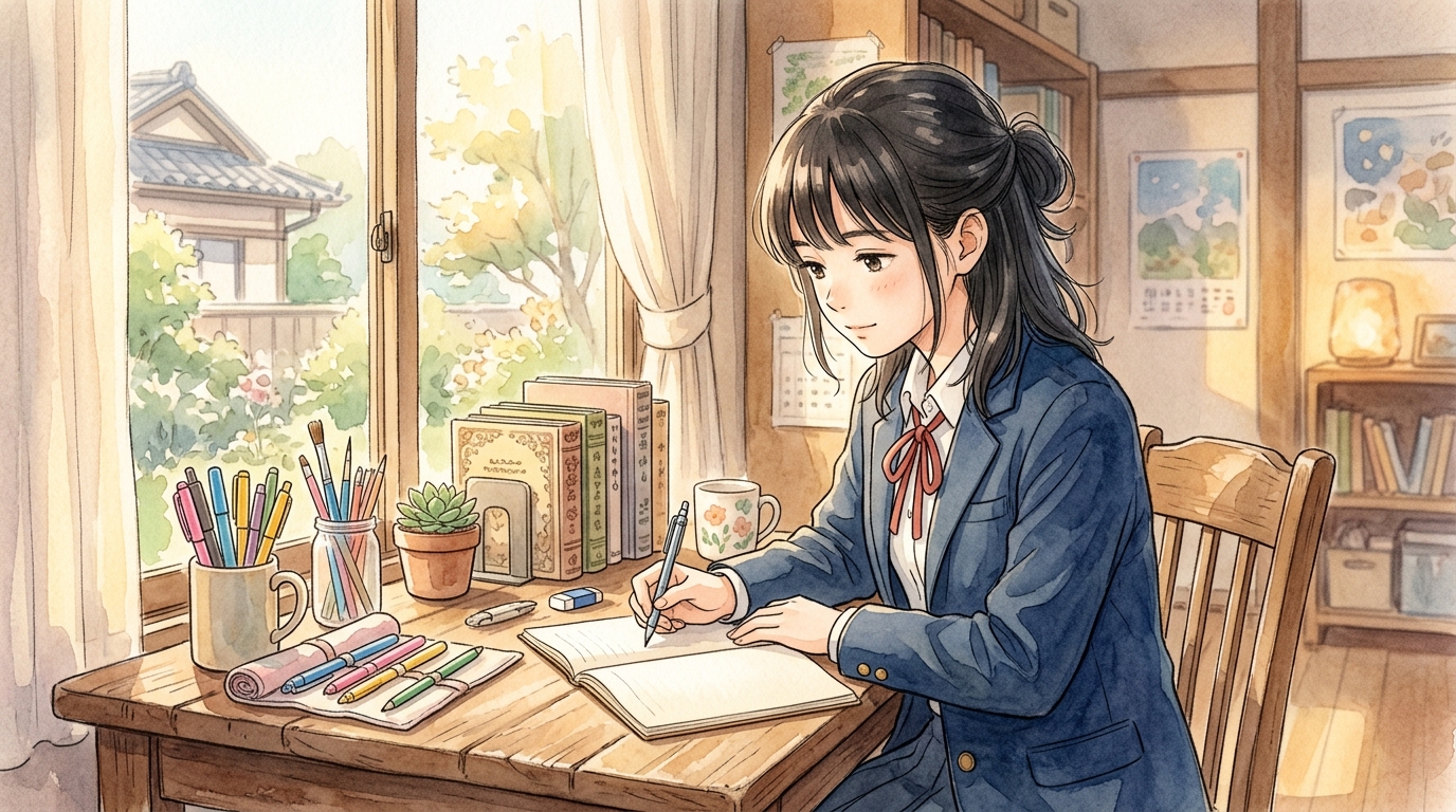 ノート作りに追われて困惑する生徒とシンプルな解き直しを促す情景