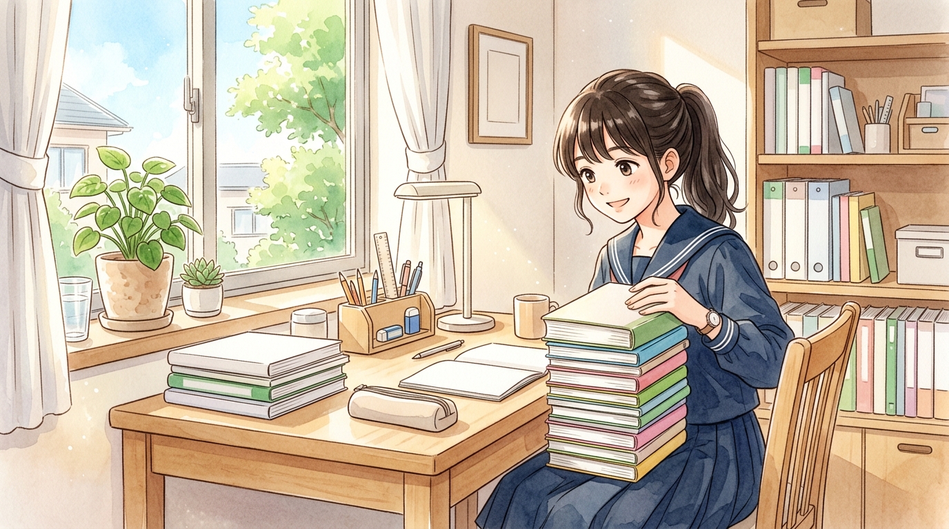 問題集の優先度仕分けを行いクリアな学習机で勉強を進める情景
