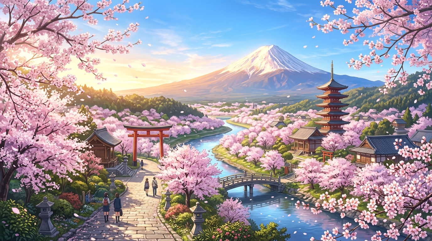 桜と富士山の朝日に向かって歩む志望校合格への道