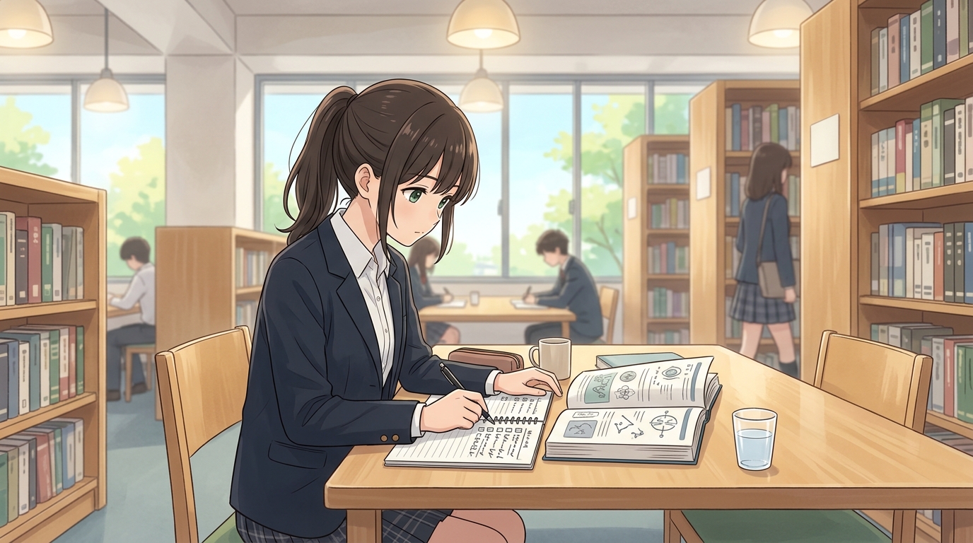 図書館で勉強手帳と参考書を広げて集中して自習する高校生