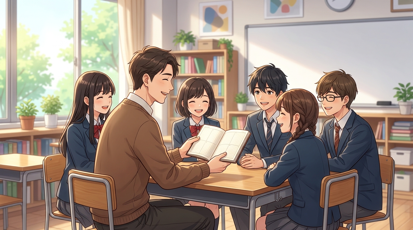 教室で生徒たちに勉強手帳の活用法を教えるたく先生