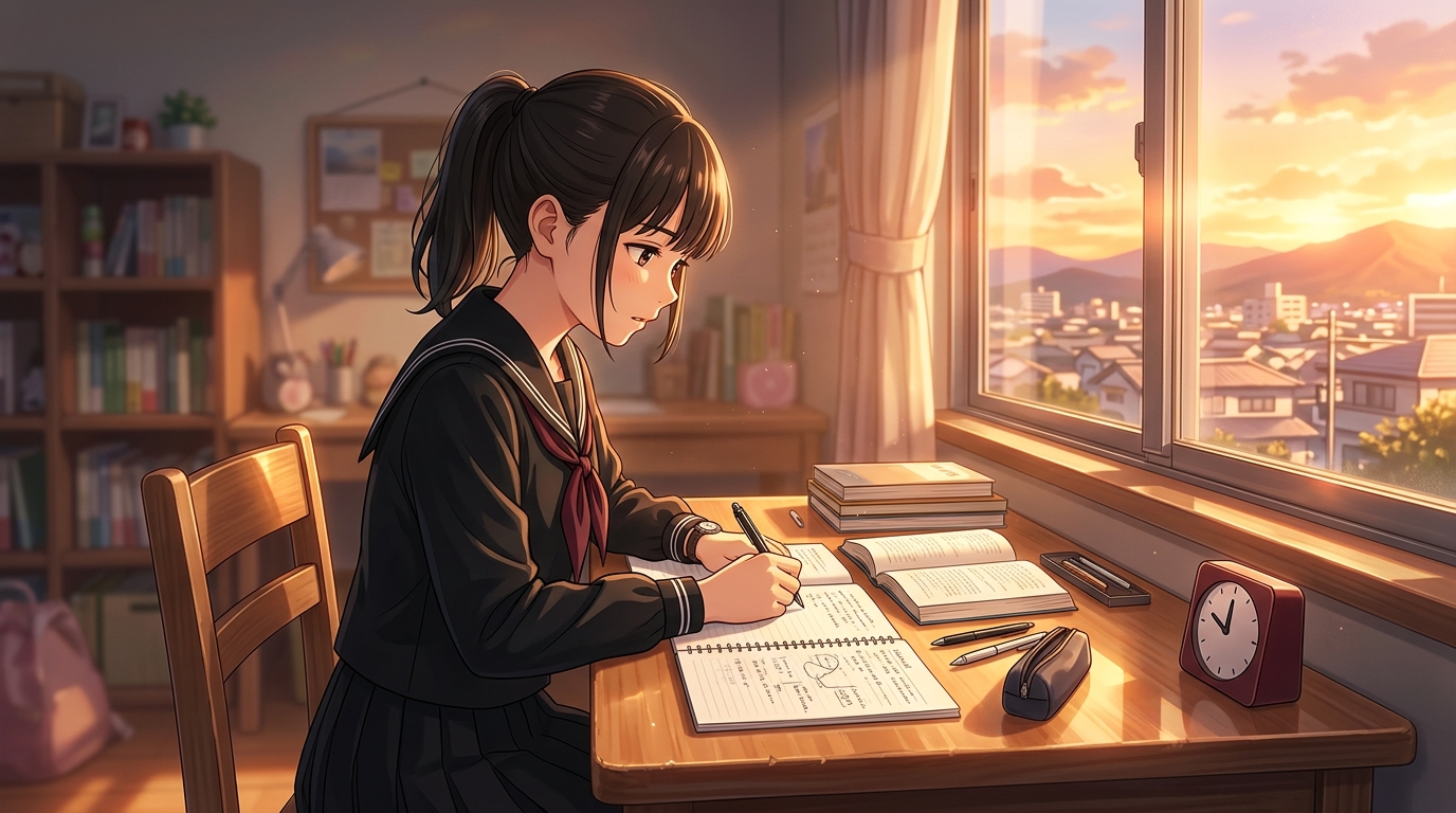 夕暮れの窓際でタイマーを置いて集中して勉強する女子高校生のイラスト