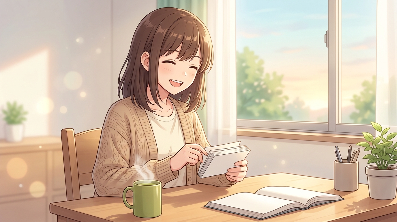 朝日が差し込む部屋で笑顔で単語カードをめくる女子高校生