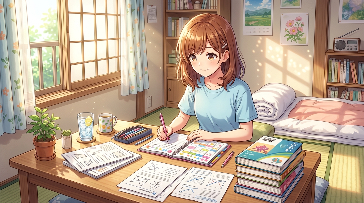 夏休みの計画表を作成しながら勉強に取り組む女子高校生