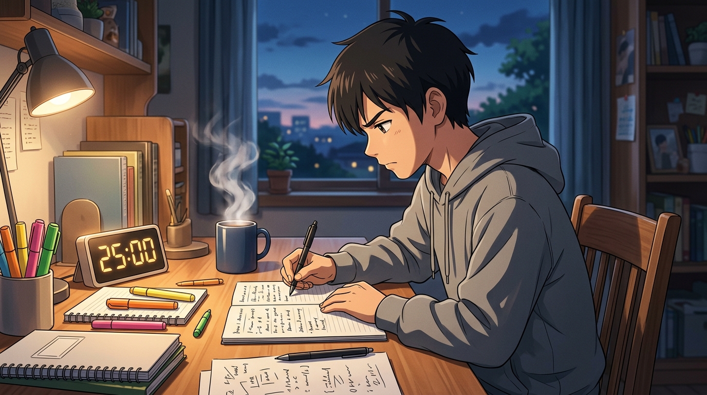 机の上にタイマーを置いて勉強に集中する男子高校生