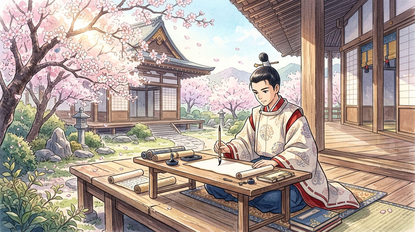 平安時代の学び舎で桜舞う庭園を背に真剣な面持ちで古典文法を学ぶ若き学習者の姿