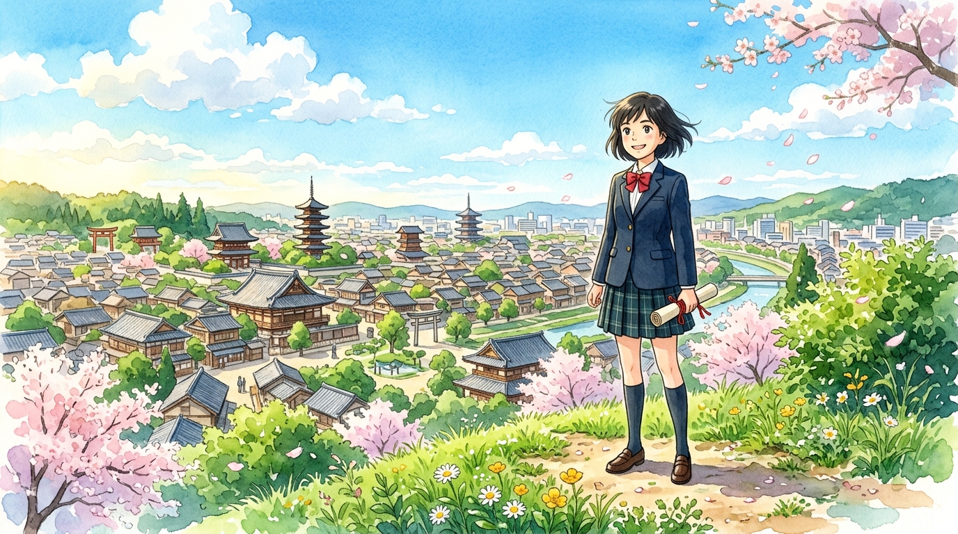 朝日に照らされる街並みを丘の上から見晴らし古文を克服して自信に満ち溢れる高校生の姿