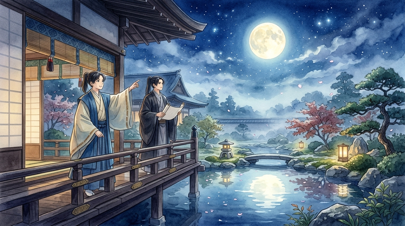 満月の光が照らす平安の庭園で和歌を思索し推量のニュアンスを語り合う二人の貴公子の姿