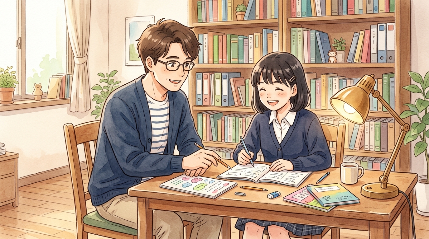 温かい灯りのもとでたく先生が生徒に優しく教え生徒が笑顔で納得する学習風景