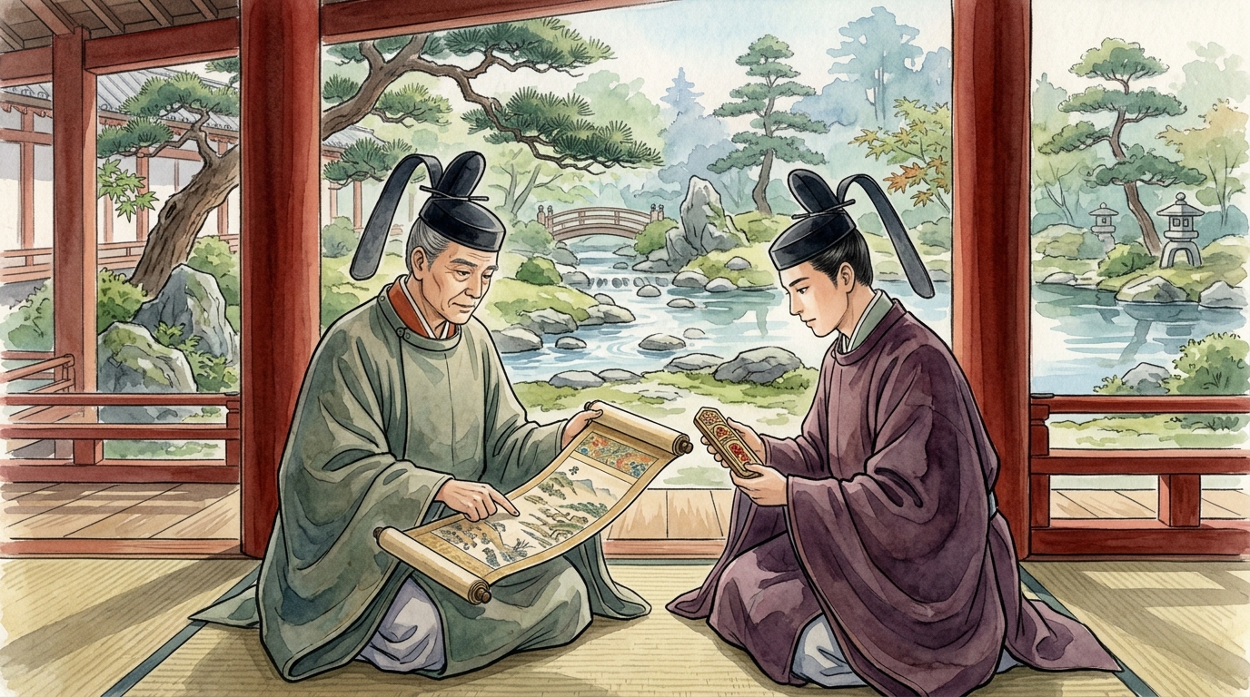 図1: 位記（位階の辞令）と官職の任命書を見比べる平安貴族の官人たち
