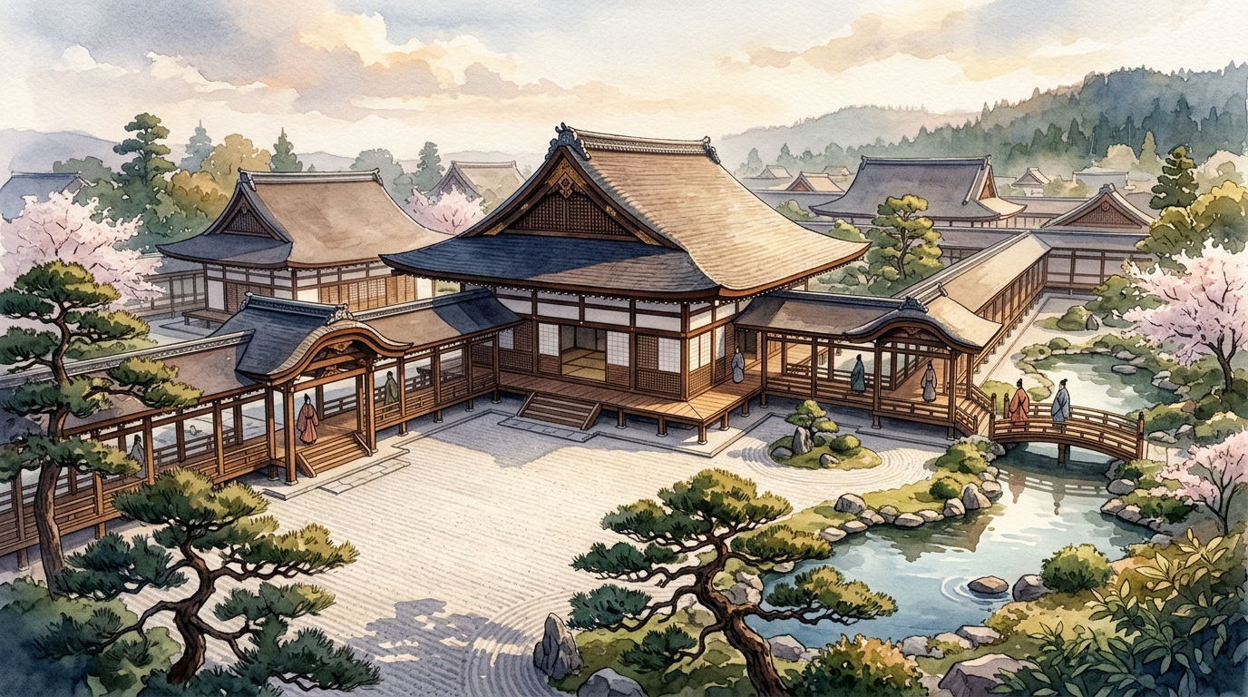 中宮の語源となった平安京内裏の宮殿建物と美しい庭園の全景