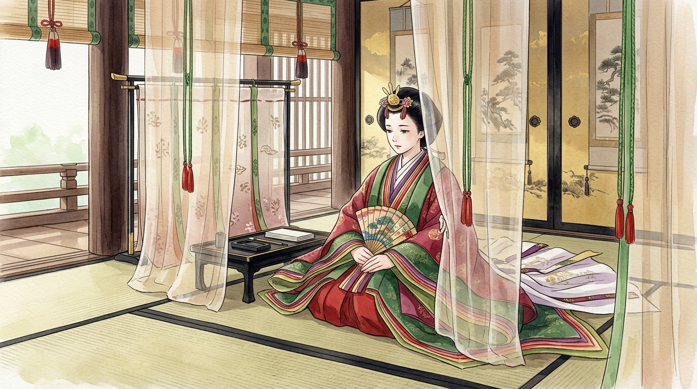 華やかな十二単を着て御簾の前に座る高貴な平安時代の后妃