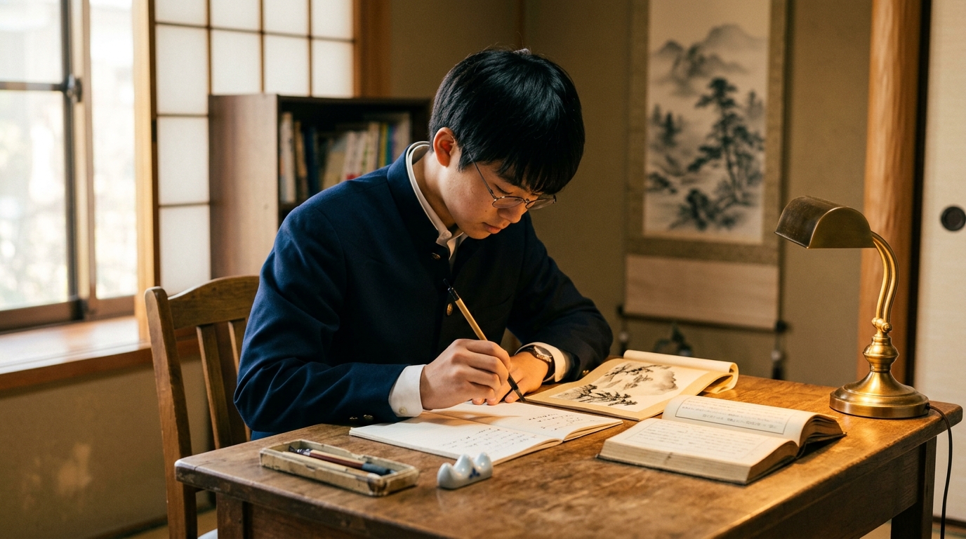 古典の教科書とノートを開いて熱心に形容動詞を学ぶ高校生