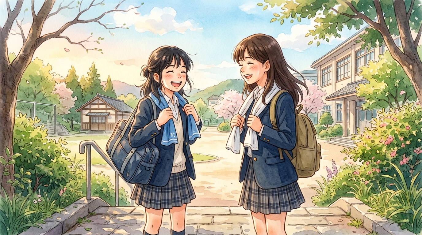 木漏れ日の差し込む学校の中庭で部活動を最後までやり遂げて笑顔を交わす二人の女子高校生