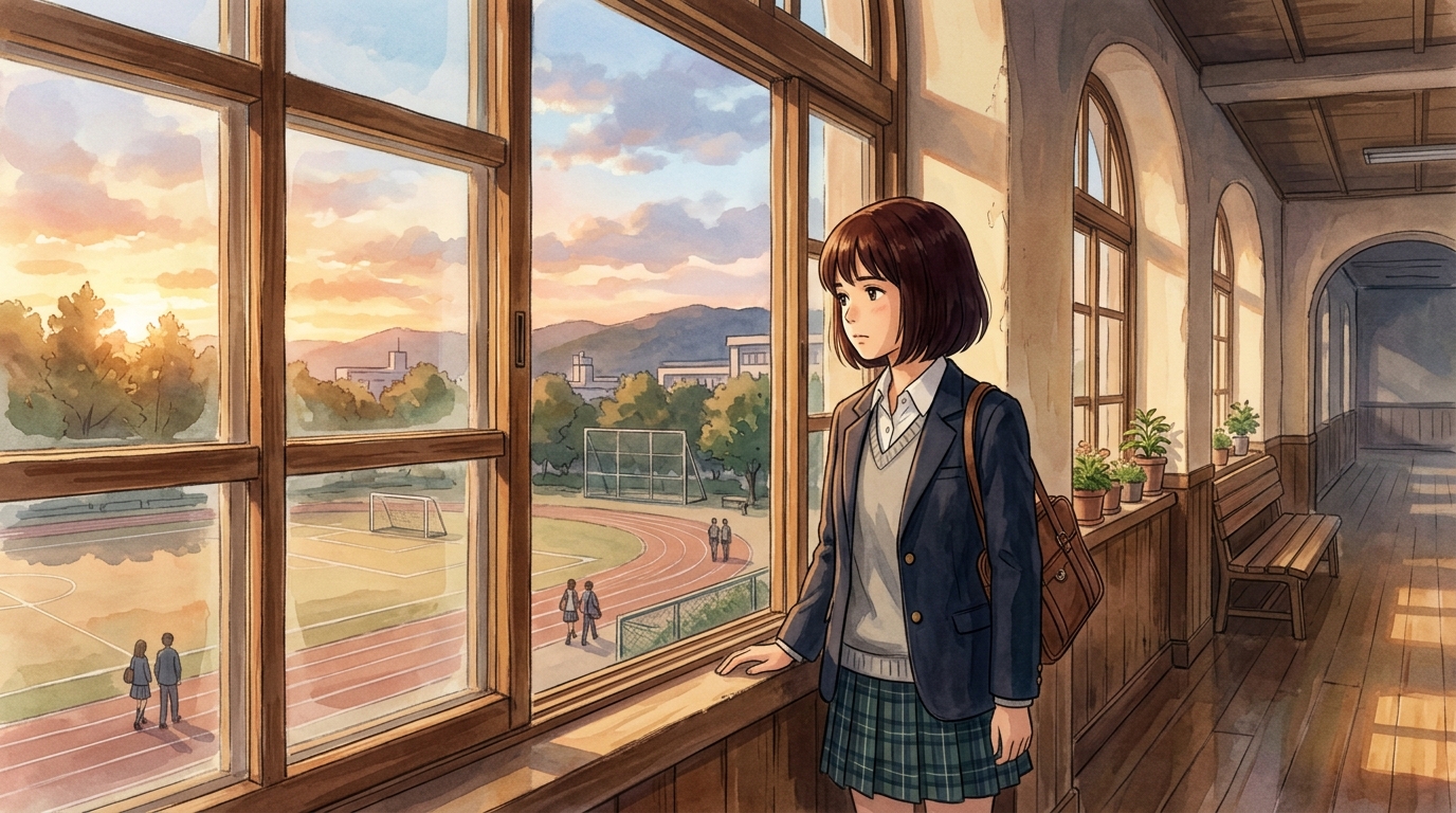 放課後の夕暮れの渡り廊下で立ち止まり部活動のグラウンドを見つめながら将来を考える女子高校生