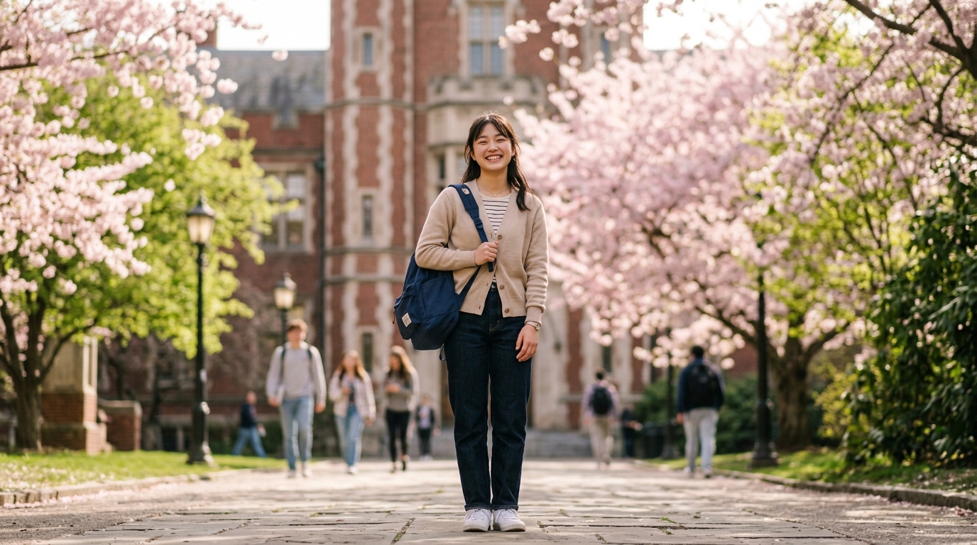 春の桜が満開の大学キャンパスで自信に満ちた笑顔を輝かせる新入生