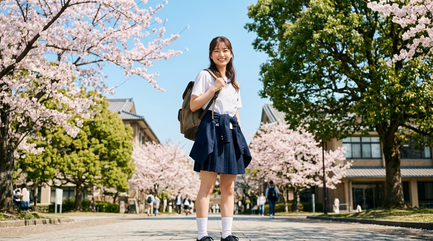 満開の桜と青空の下で大学受験突破の自信に満ちた笑顔を浮かべる高校生