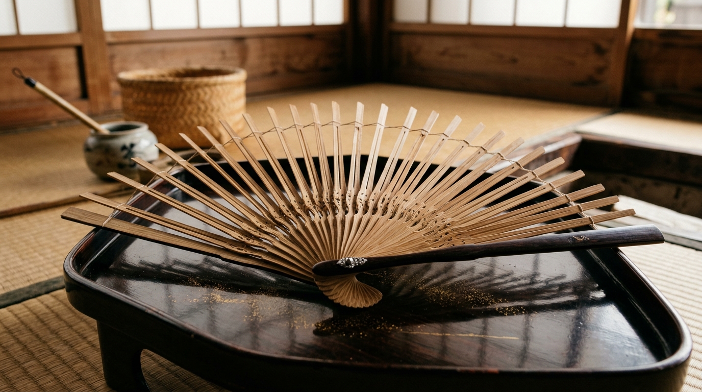 漆塗りの盆の上に並べられた精緻な扇の骨組み