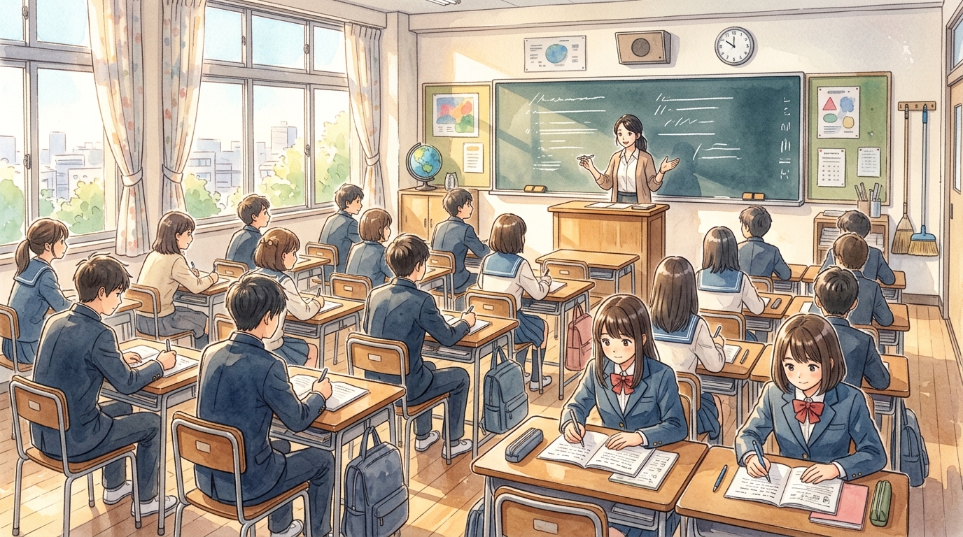 昼下がりの高校の教室で真剣に授業を聞きノートをとる生徒たち