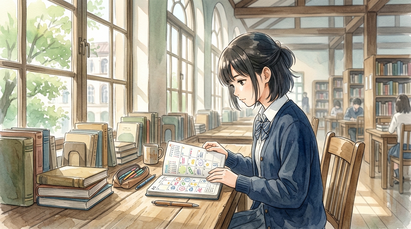 図書館で年間スケジュール帳を開き定期テストの優先度を考える高校生