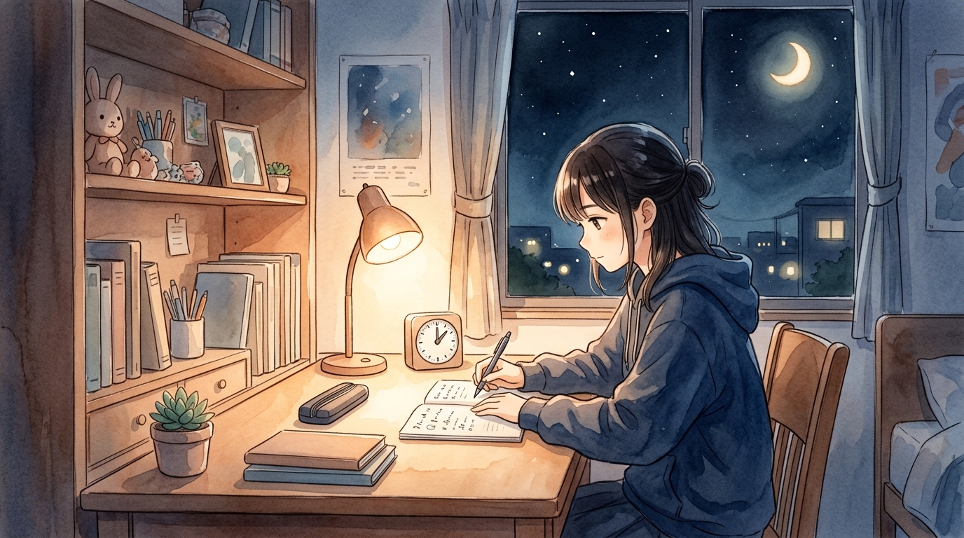 夜の静かな部屋でタイマーを置いて要点暗記に集中する高校生