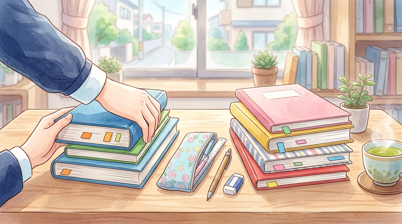 受験科目と学校の定期テスト教材を仕分けする手元