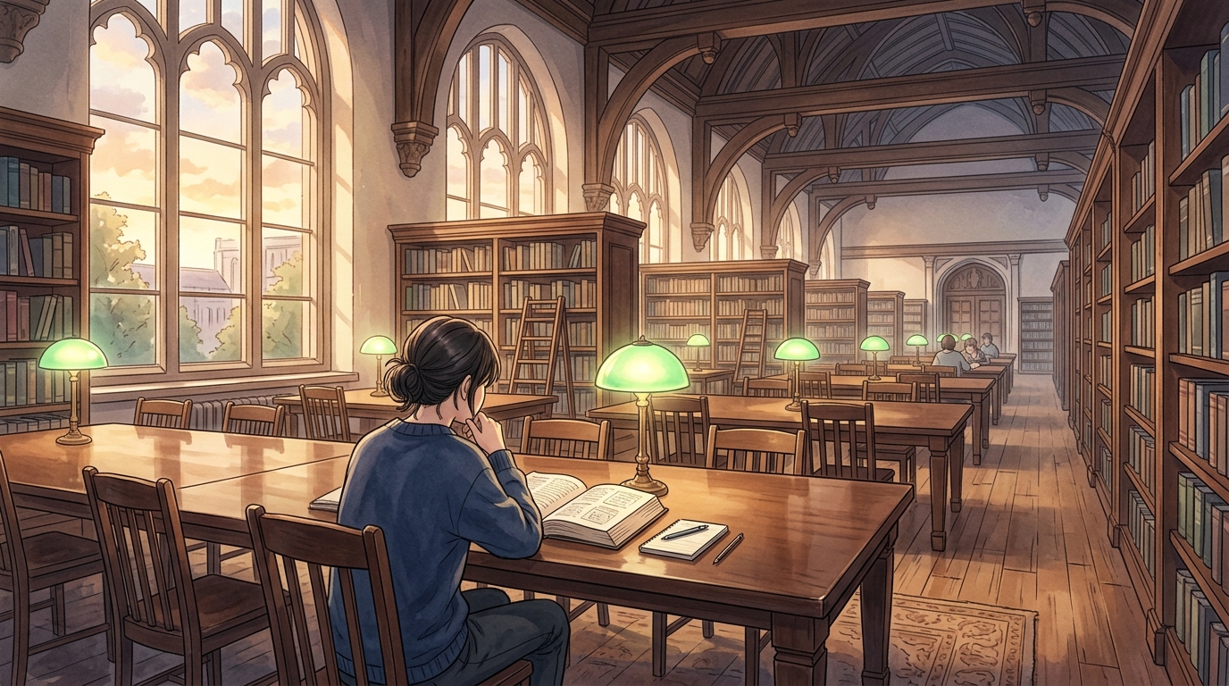 静謐な大学図書館の書斎机で本質に向き合い思索を深める情景