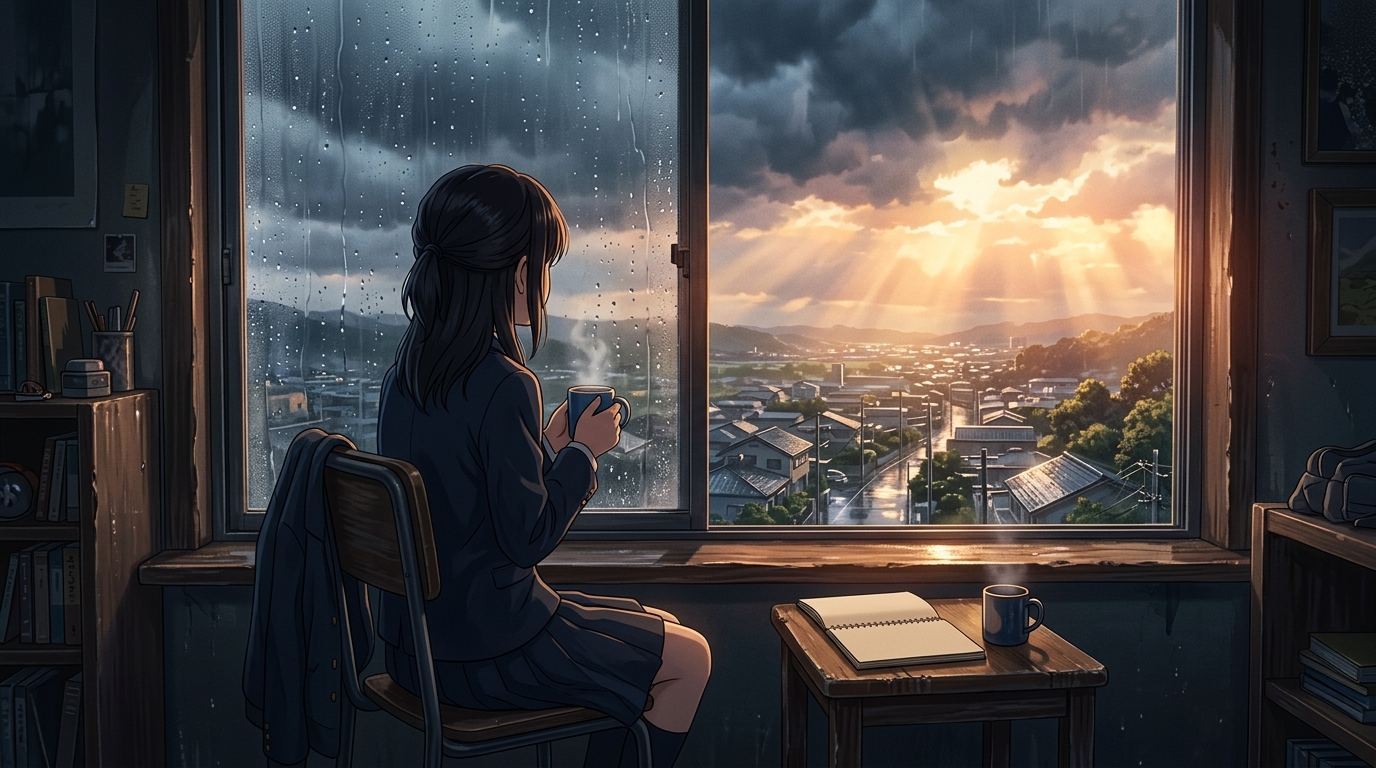 雨上がりの窓辺で温かいお茶を手に希望の光を見つめる学生の後ろ姿