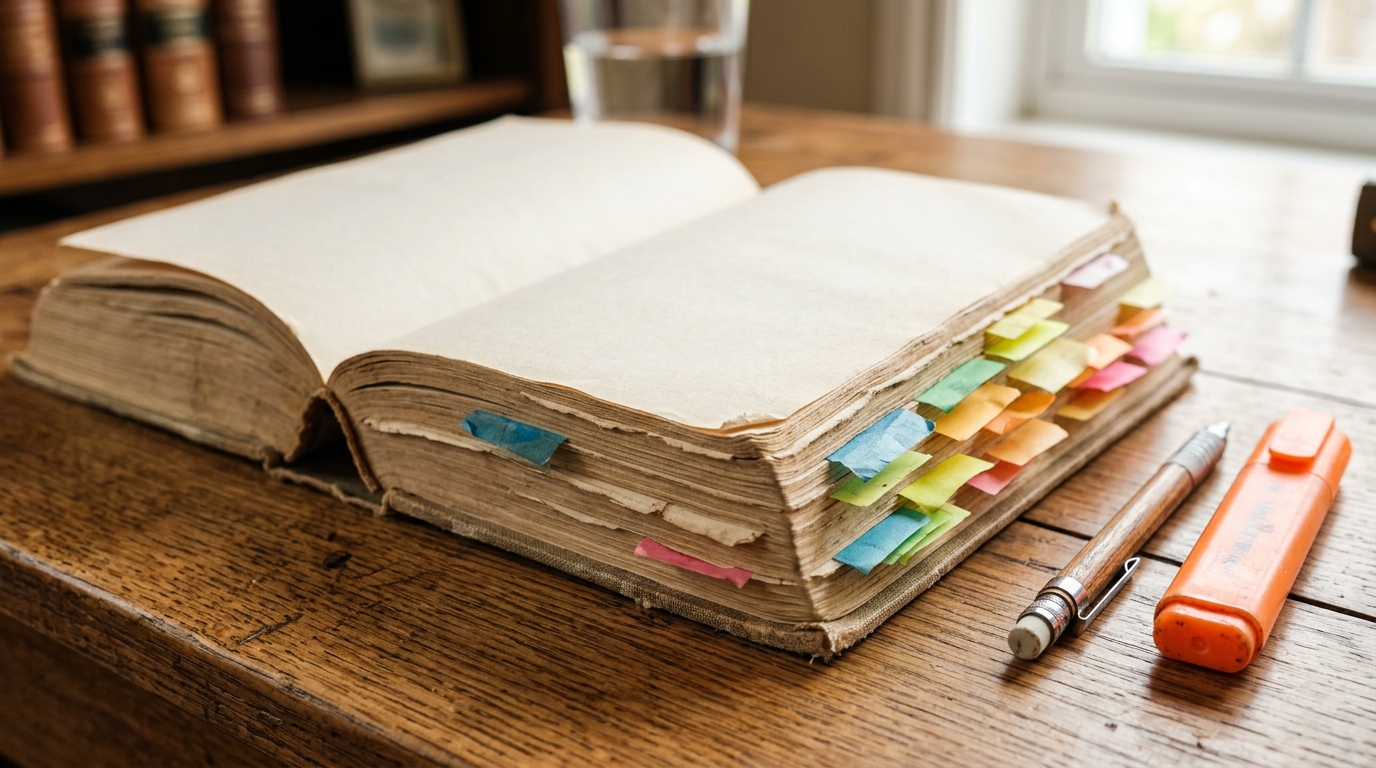 付箋がたくさん貼られボロボロになるまで何周もやり抜かれた一冊の参考書とペン