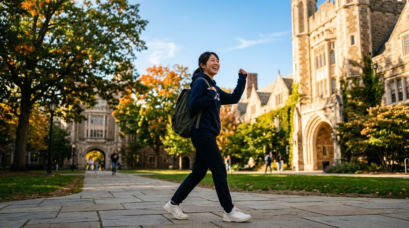 青空が広がる大学キャンパスを笑顔と自信で歩き出す合格した女子学生