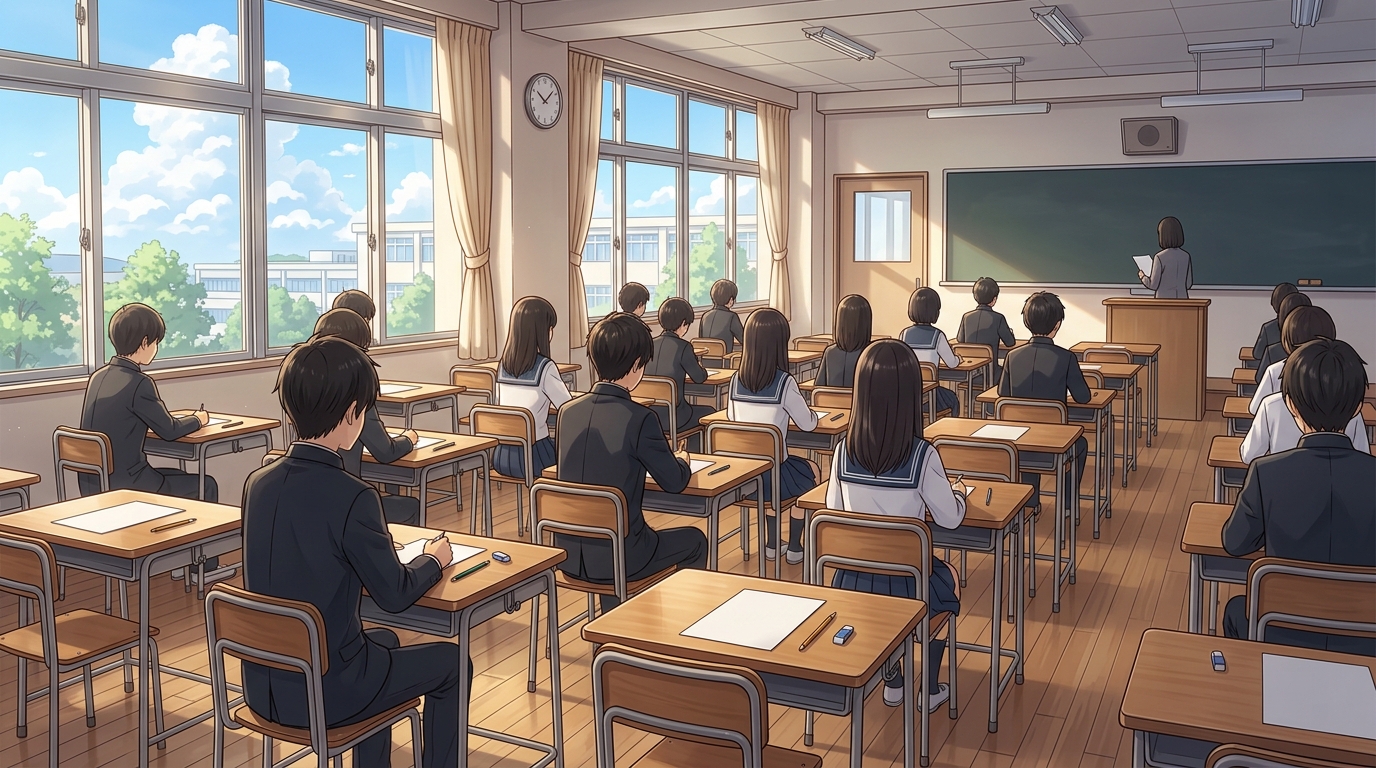 静まり返った試験会場で窓の外の青空を眺めて深呼吸する教室