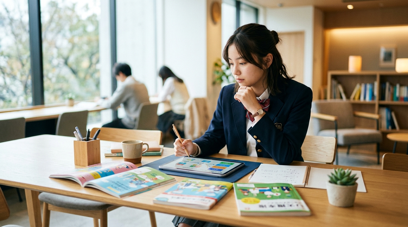 タブレットと参考書を前に自分に最適な講座レベルを真剣に選ぶ女子高校生