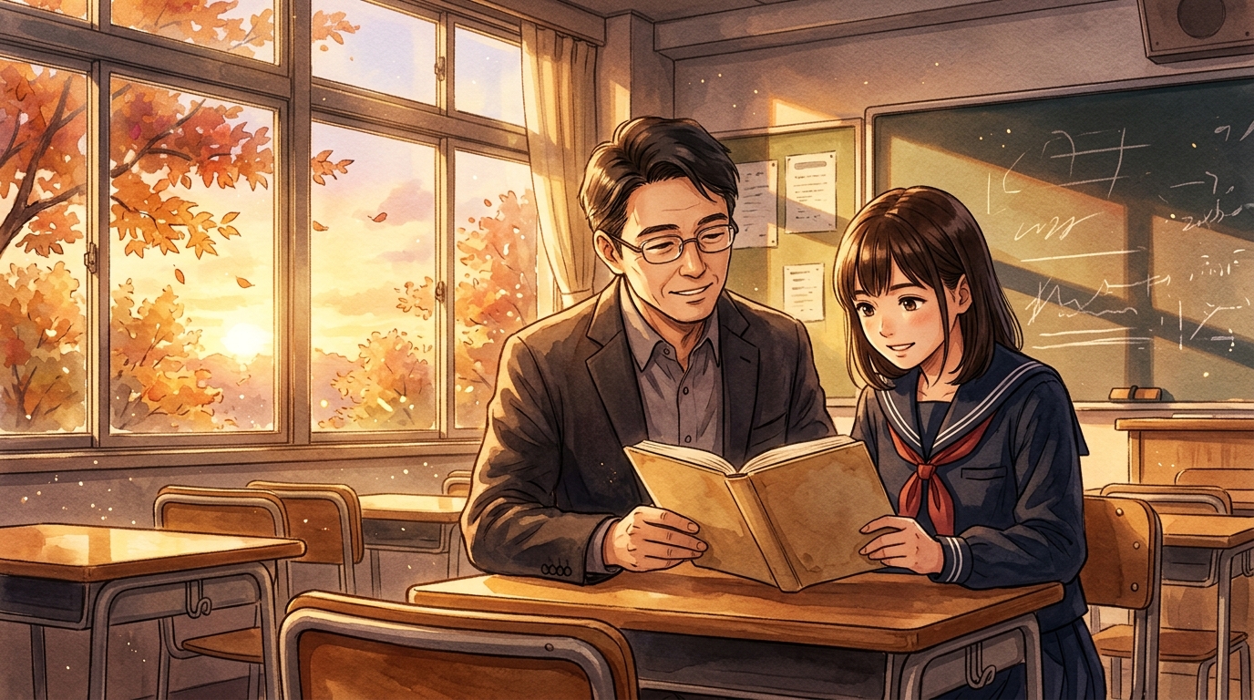 夕暮れの教室で現代文のテキストを読み解き学習を進める高校生とたく先生の指導風景