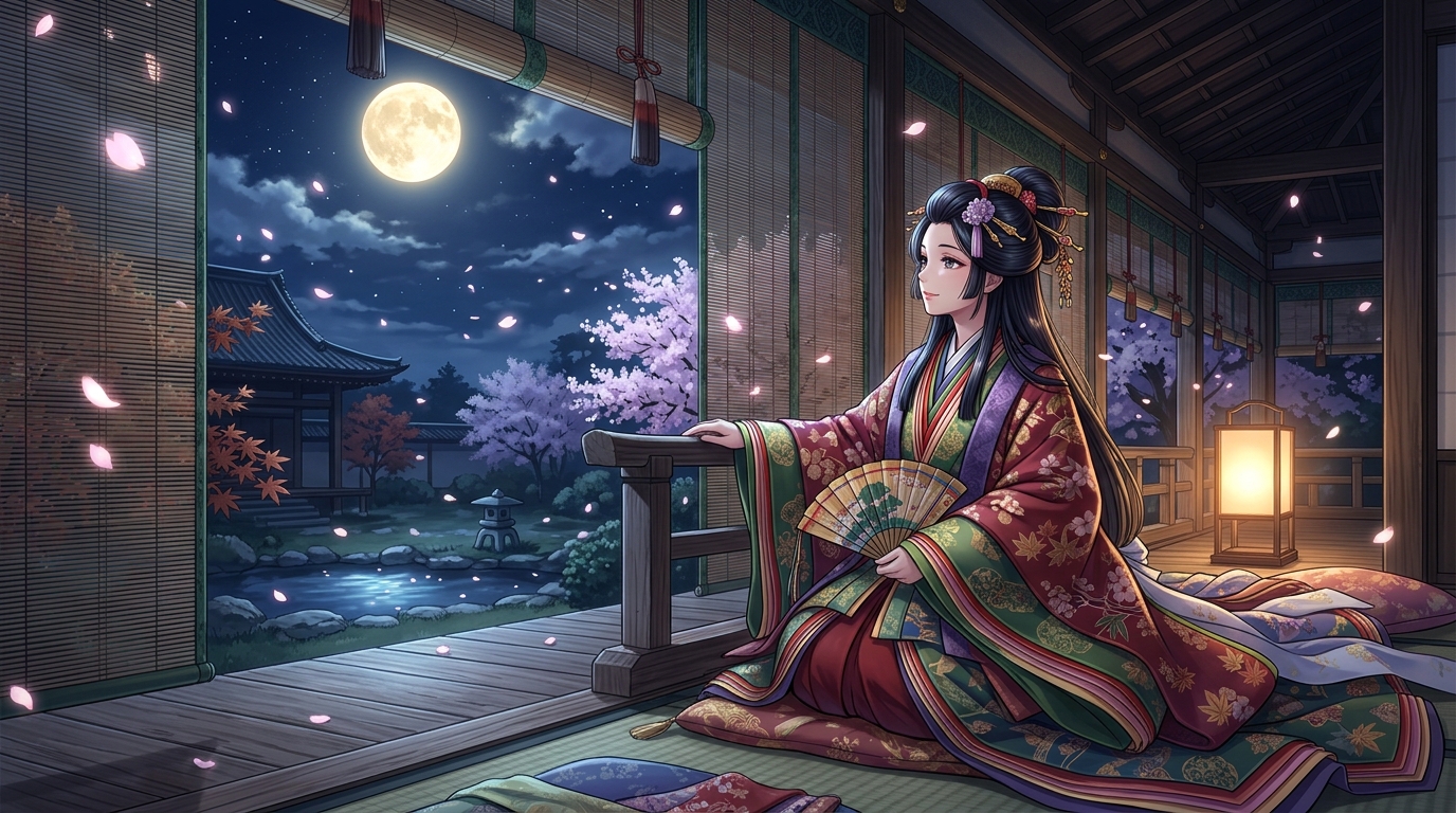 月夜の平安貴族の邸宅で和歌を認める姫君のイラスト