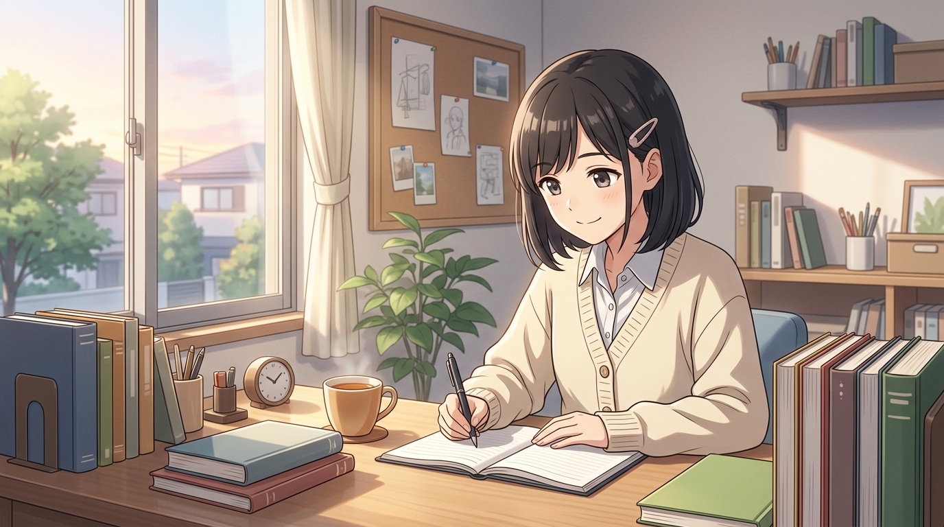 朝の静かな部屋でスケジュール帳とノートを開き前向きに学習計画を立てる高校生