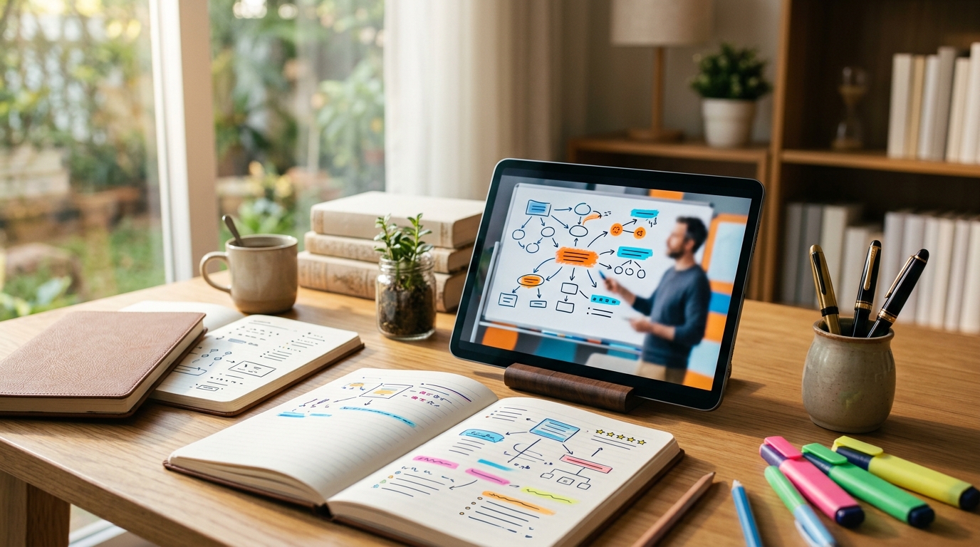 タブレットで論理的読解講義を再生しながら現代文ノートを整理する明るい学習机