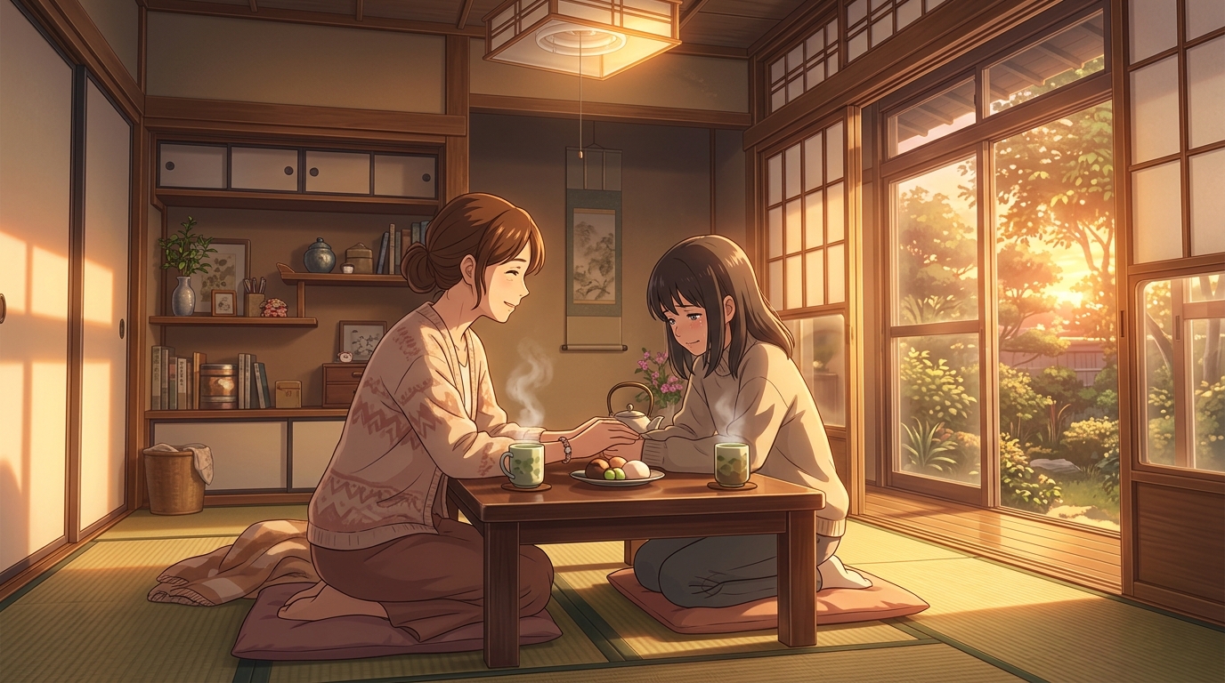 温かい夕暮れのリビングで家族と穏やかに対話し寄り添う空間