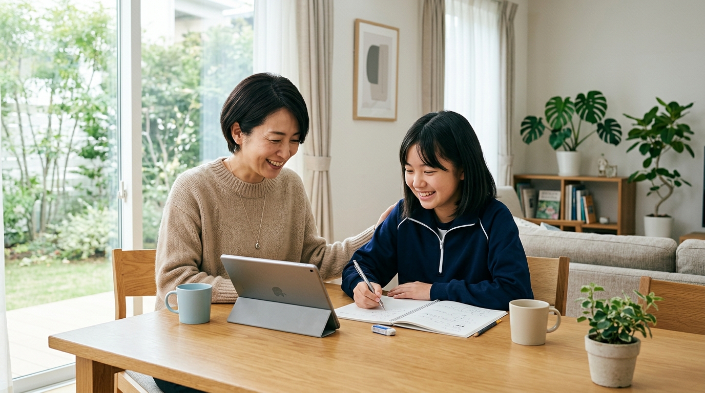 リビングでスタディサプリの学習計画を笑顔で話し合う親子