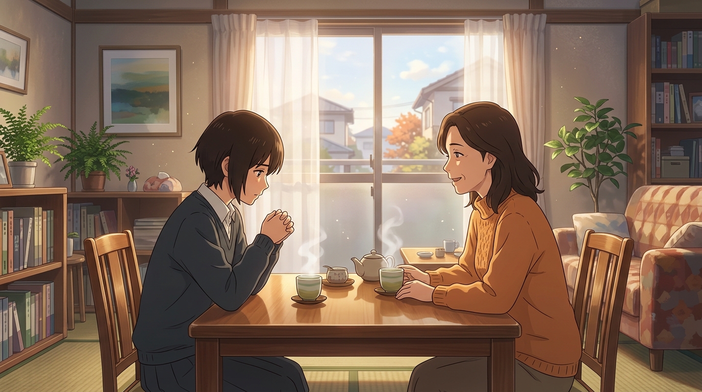 リビングで温かいお茶を前に親と静かに向き合い進路を相談する受験生