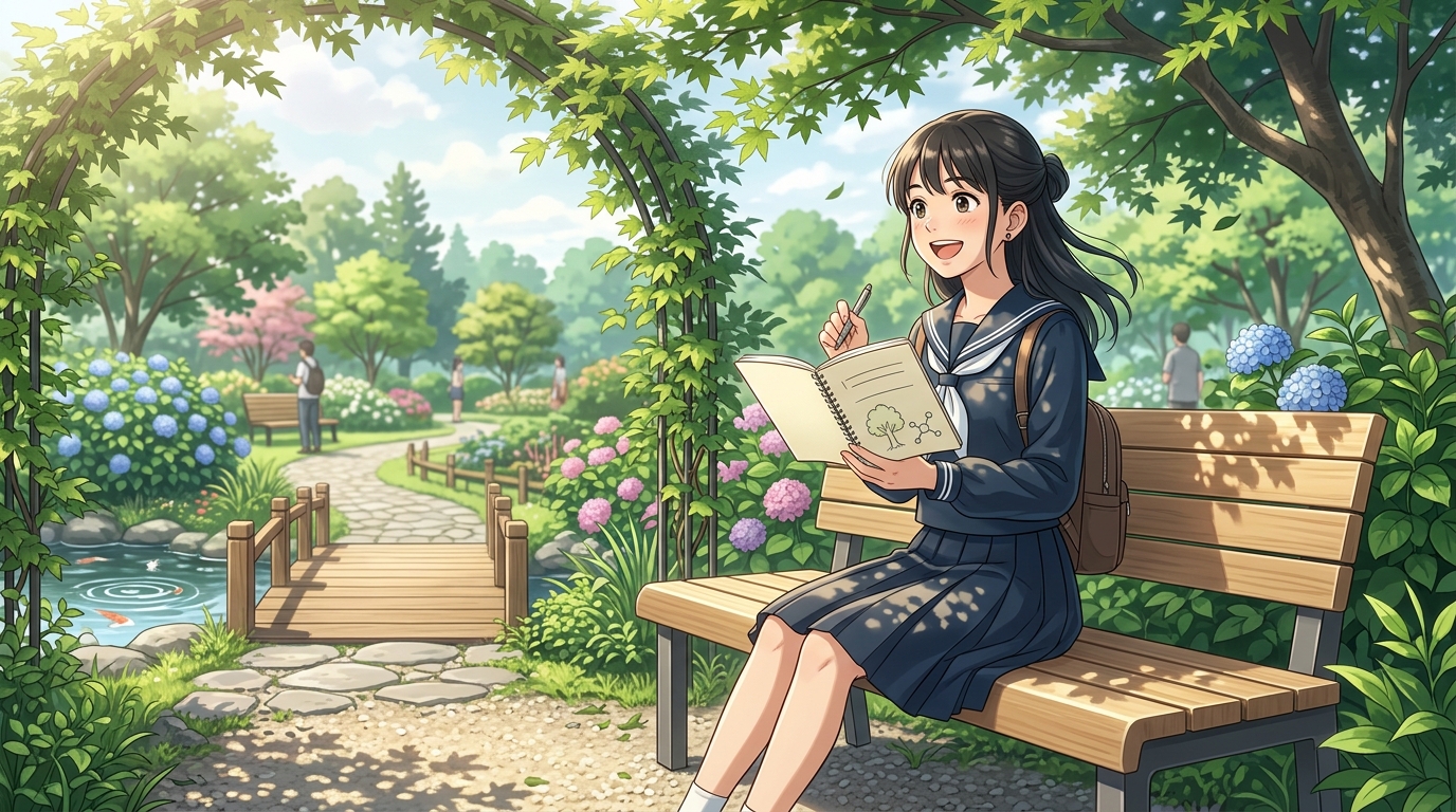 木漏れ日の下でノートを開き身近な例えを思いついて晴れやかな笑顔を浮かべる学生