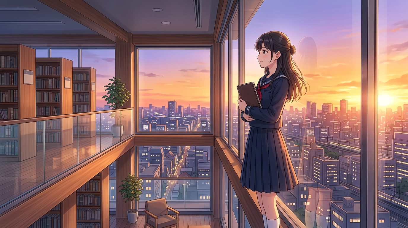 夕暮れの図書館でノートを閉じ確かな自信と学問の楽しさに満ちた高校生