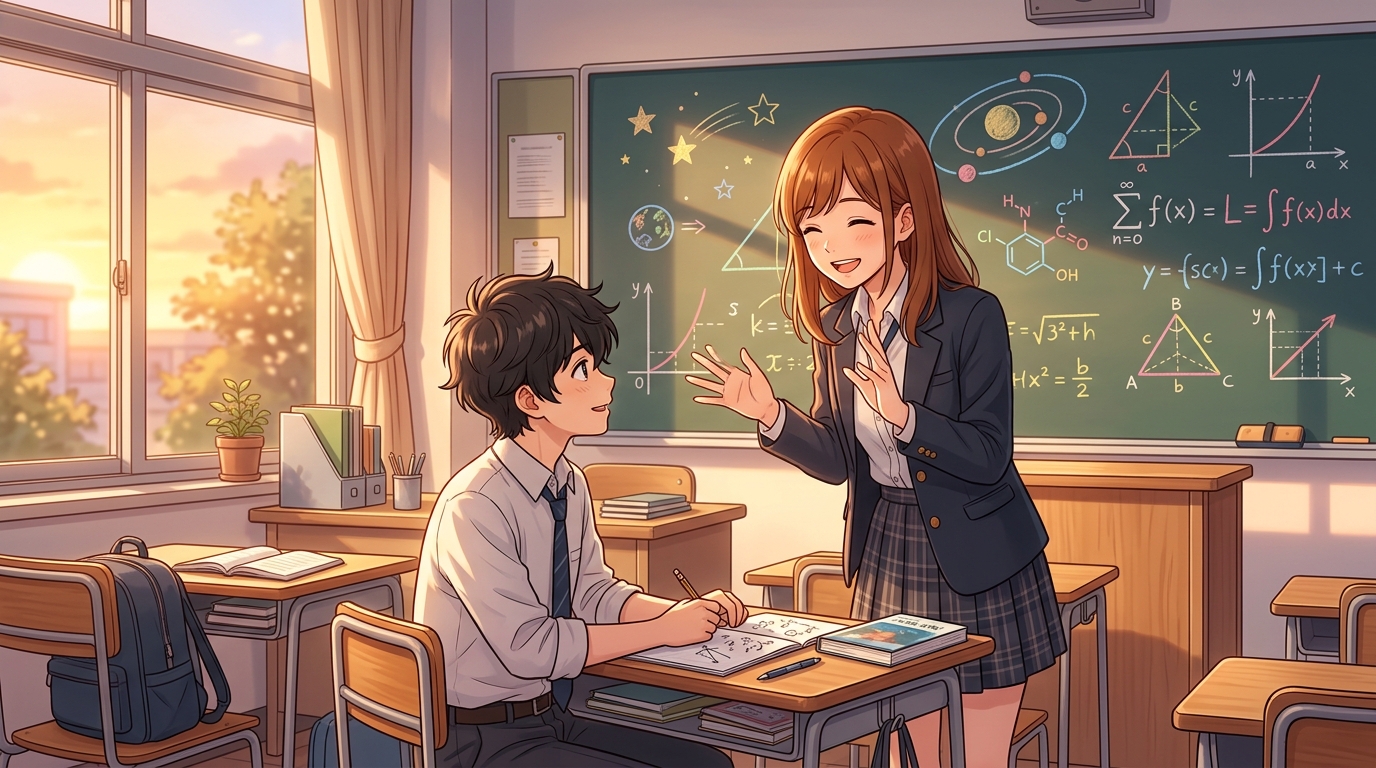 放課後の教室でホワイトボードの前に立ち優しく教えるように語りかける生徒
