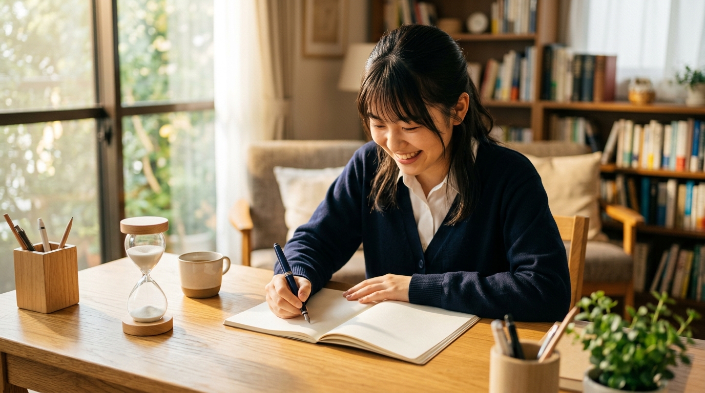 砂時計を横に置いて笑顔でノートにペンを走らせる高校生の学習風景