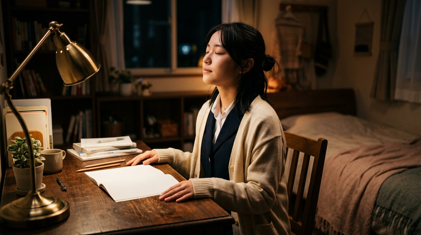 夜の自室の机で深呼吸をして心を整えようとする女子高生