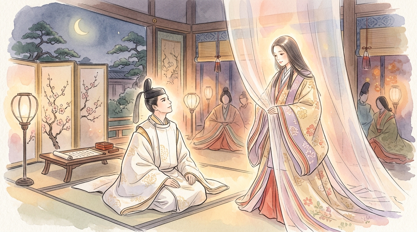 若き光源氏と藤壺の宮が並び称される美しさを描いたイラスト