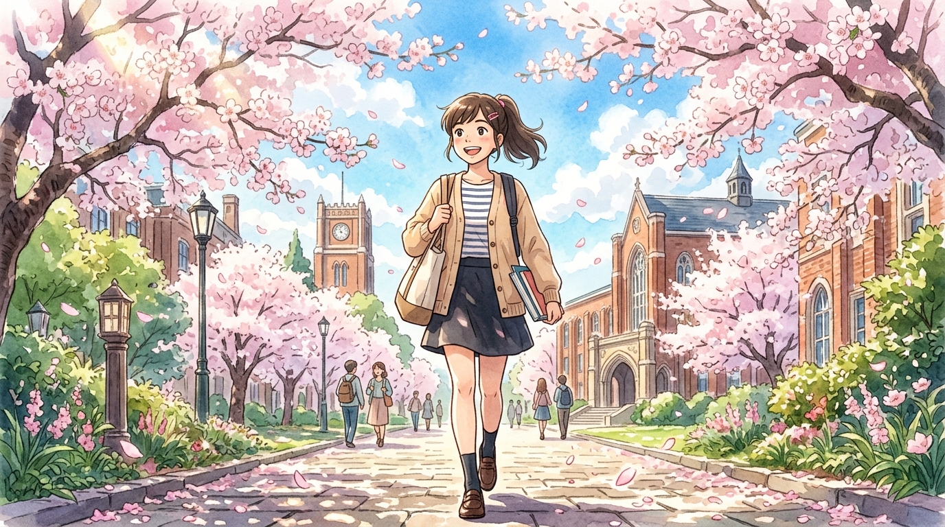 満開の桜が咲き誇る大学のキャンパスを希望に満ちた笑顔で前を向いて歩く女子大学生