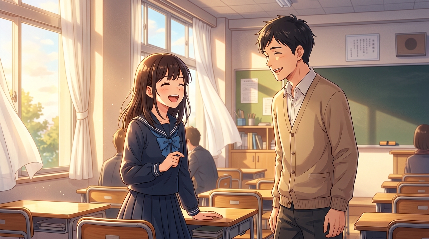 現代文の正しい勉強法をマスターし晴れやかな笑顔で先生と語り合う高校生