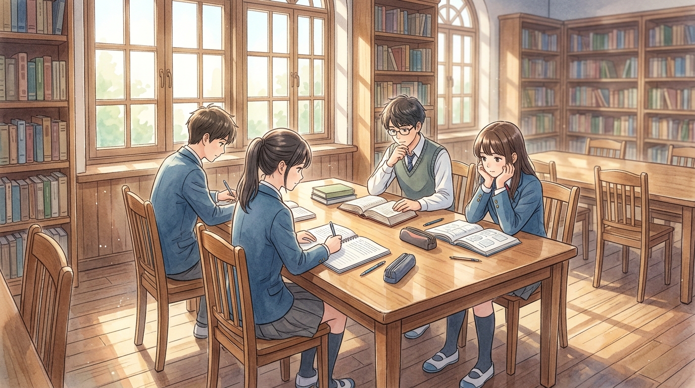 静かな図書室で大学受験に向けた学習計画と現代文の演習に取り組む高校生たち