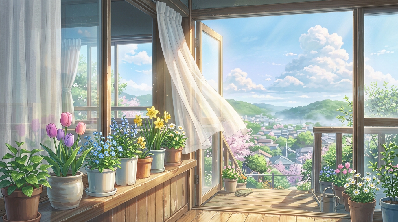 朝の澄んだ光の中で春の花が咲く窓辺と穏やかな日だまりの風景
